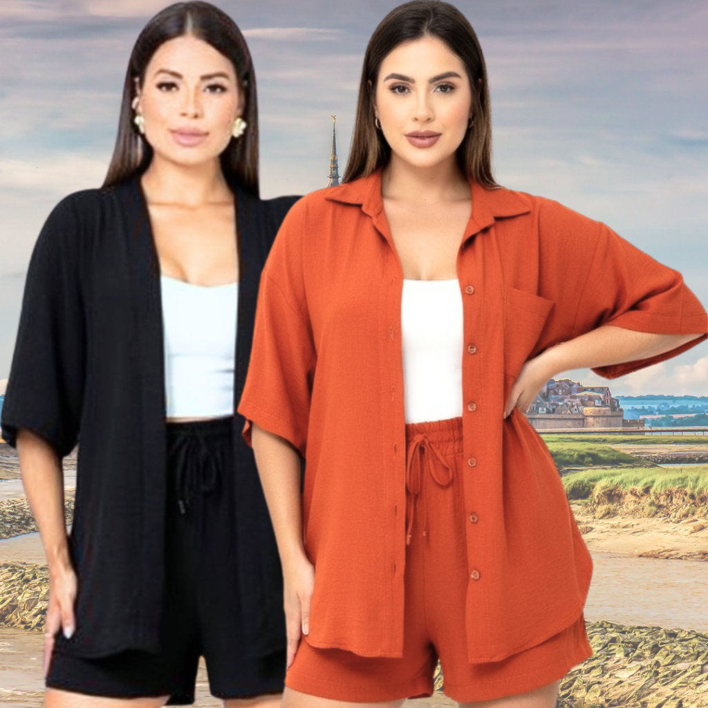 Conjunto 2 Peças Kimono Short Duna Feminino Estilo Sofisticado Leveza No Dia a Dia
