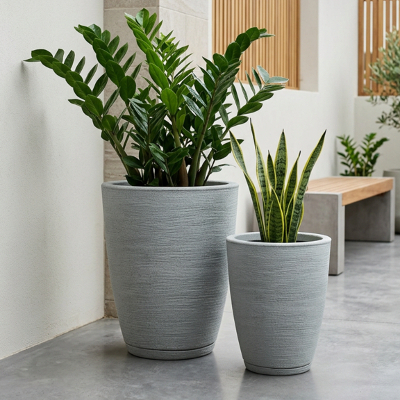 Kit 2 Vasos para Plantas Polietileno Grande Coluna Bojo Escovado Prato Jardim Casa Decoração Moderno