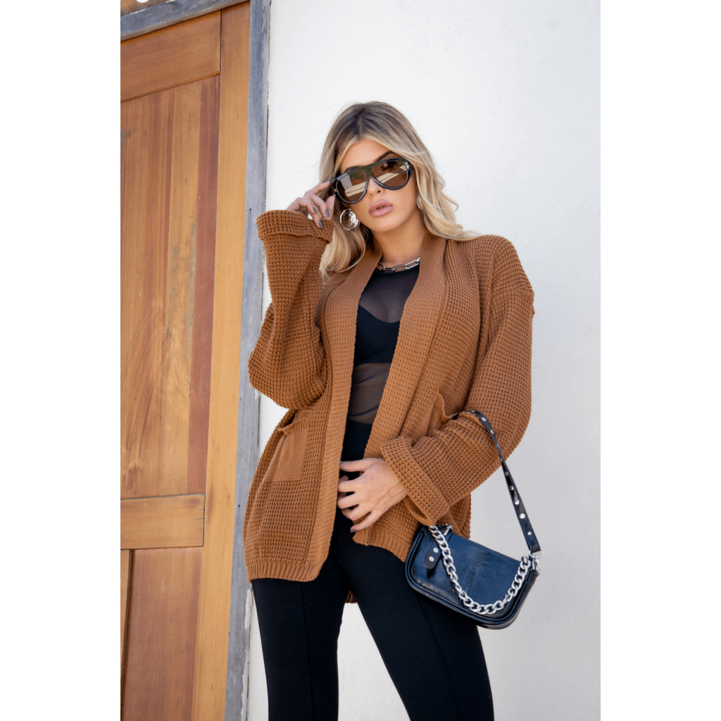 Casaco Feminino Tricô Inverno Premium Estilo Conforto Bolsos Práticos