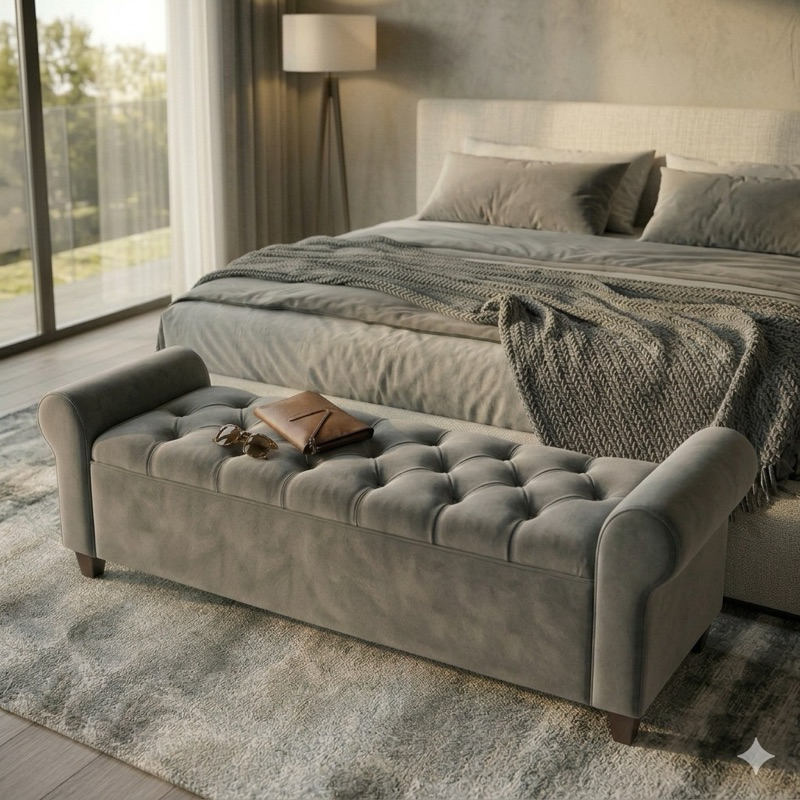 Recamier Estofado Luxo Baú com Braços | Calçadeira para Pé de Cama Casal 150cm - Tecido Premium, Conforto e Organização