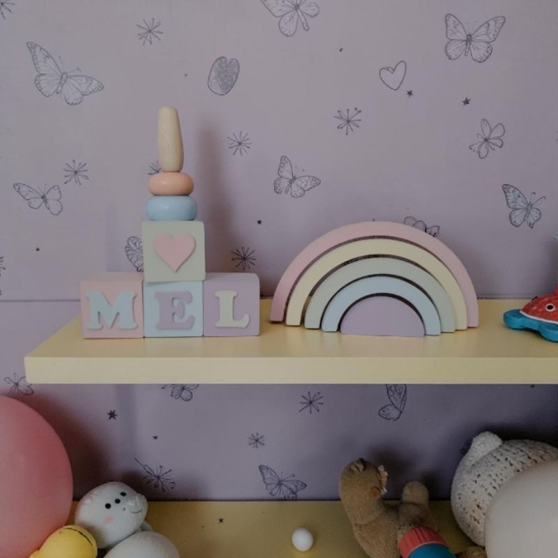 Enfeite arco iris + cubos nomes infantis decoração de mdf adorno de festa / quarto de bebê mdf