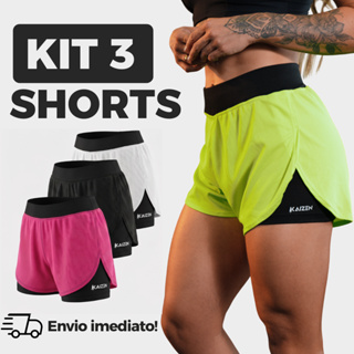 KIT COM 3 SHORTS 2 EM 1 FEMININO ACADEMIA Dry Fit C/ Bolso Porta Celular Kaizen Ideal Treino em Oferta na Shopee