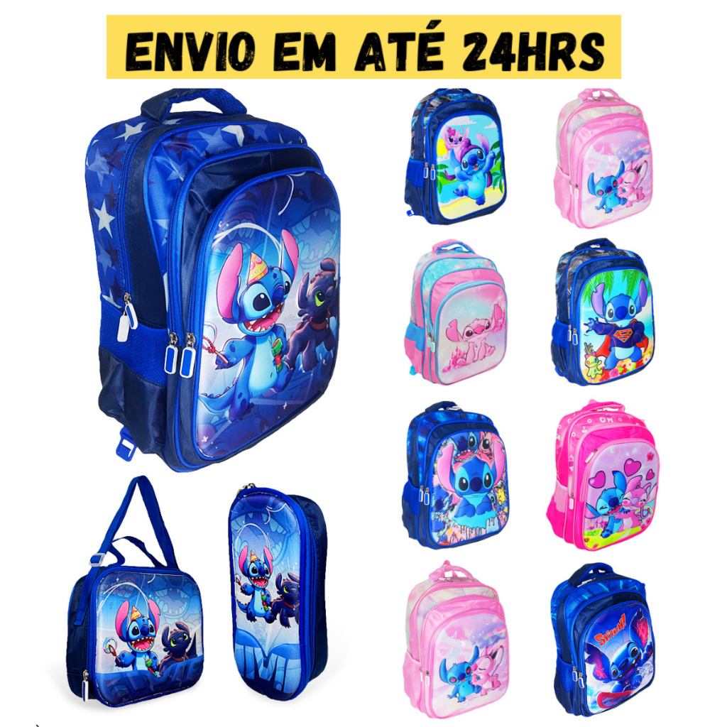 kit Mochila + Lancheira + Estojo Lilo Stitch Angel Disney Infantil Criança Escola
