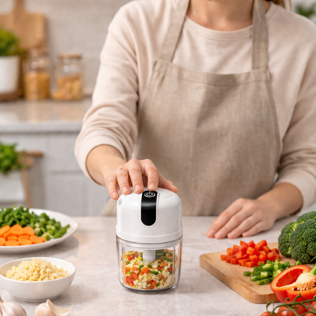 Mini Processador Automático de alimentos Compacto 1 Botão Tritura Cebola Alho Legumes