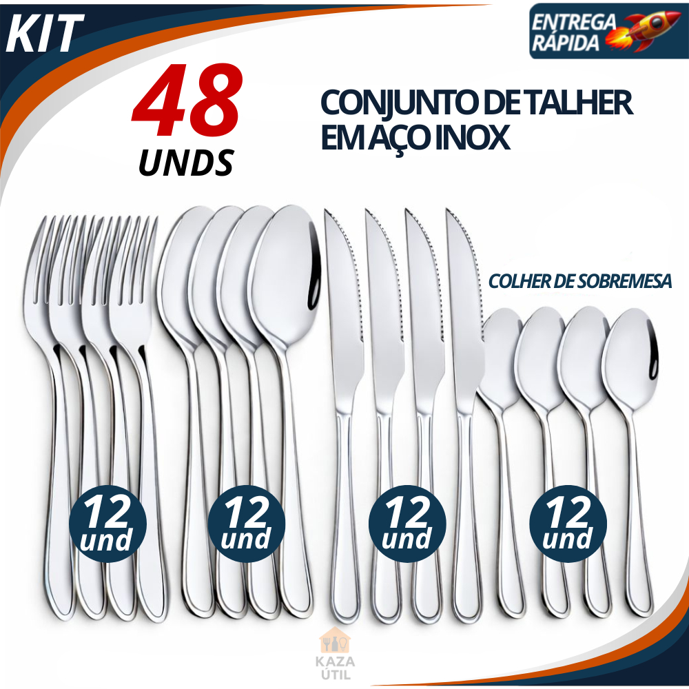 Kit Talheres 24/36/48 Peças Aço Inox Completo Faqueiro Jogo de Mesa Colheres Garfos Facas Alta Qualidade