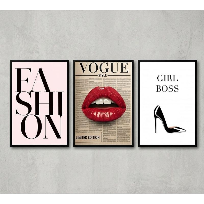 Kit 3 Quadros Decorativos 40x60 Moda Vogue Fashion Girl Boss Sala Quarto Estúdio de Beleza Salão