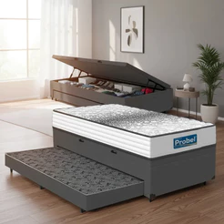 Cama Box Baú com Colchão de Molas Ensacadas Double Face Essence Probel + Auxiliar Solteiro 88cm