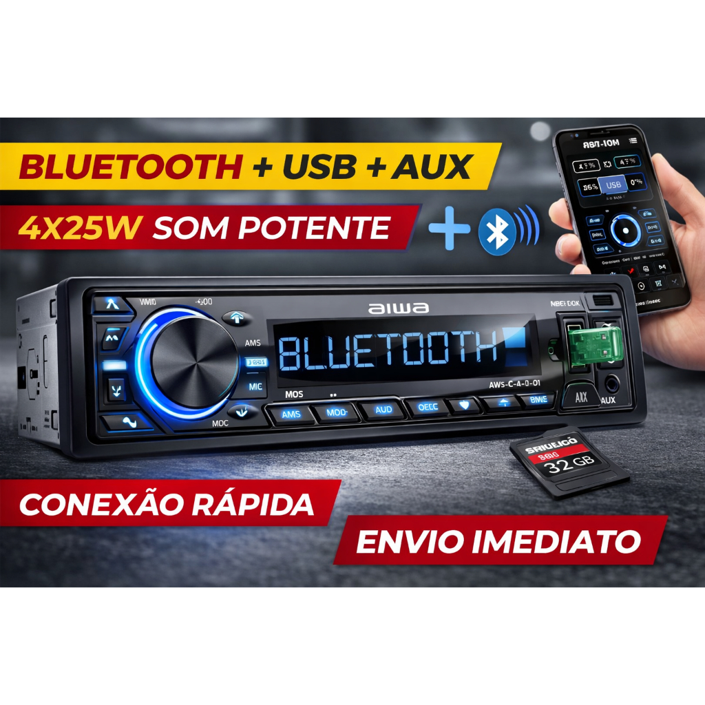 Auto Rádio Aiwa Bluetooth USB AUX 4x25W Som Potente Entrada SD Controle App