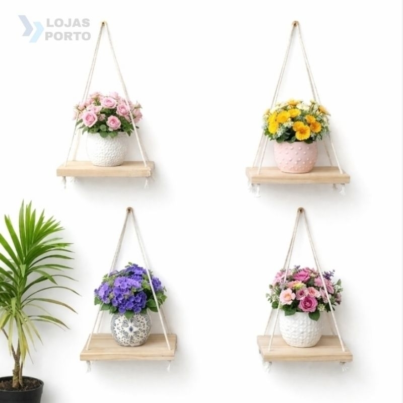Kit 4 Prateleira 15×10 cm suspensa com cordas em madeira para objetos enfeites plantas suculenta
