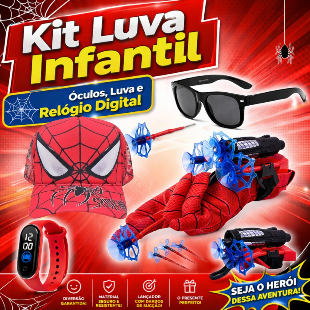 Kit Luva Boné Óculos Relógio Homem Aranha Infantil Brinquedo Lança Teia Super Heróis Spider Man Criança Menino Menina