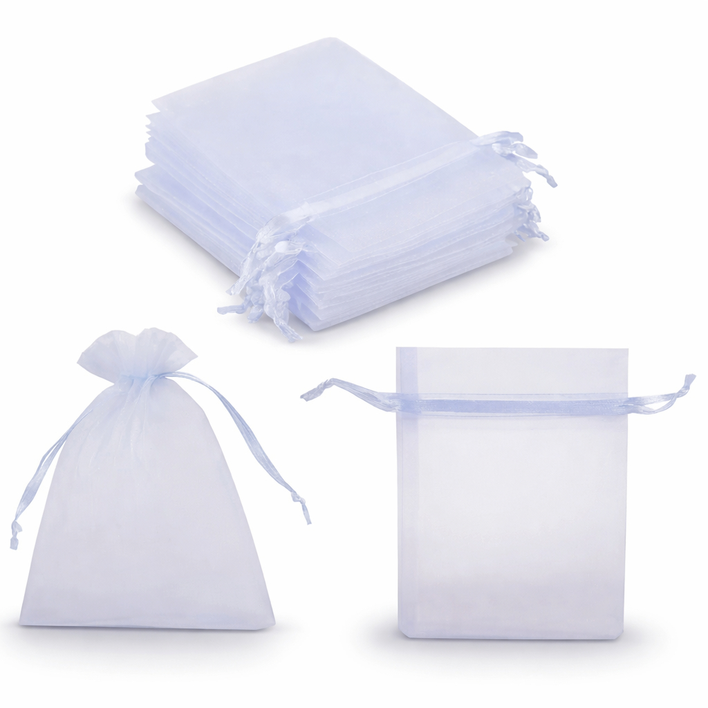 Kit 100 Saquinho Saco Organza 7x9 Branco Lembrancinha Joia Evento Transparente Com Fita de Cetim