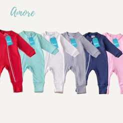 KIT 4 Macacões Roupas Bebê Amore Vira Pé com Zíper Lisos Sortido 100% Algodão
