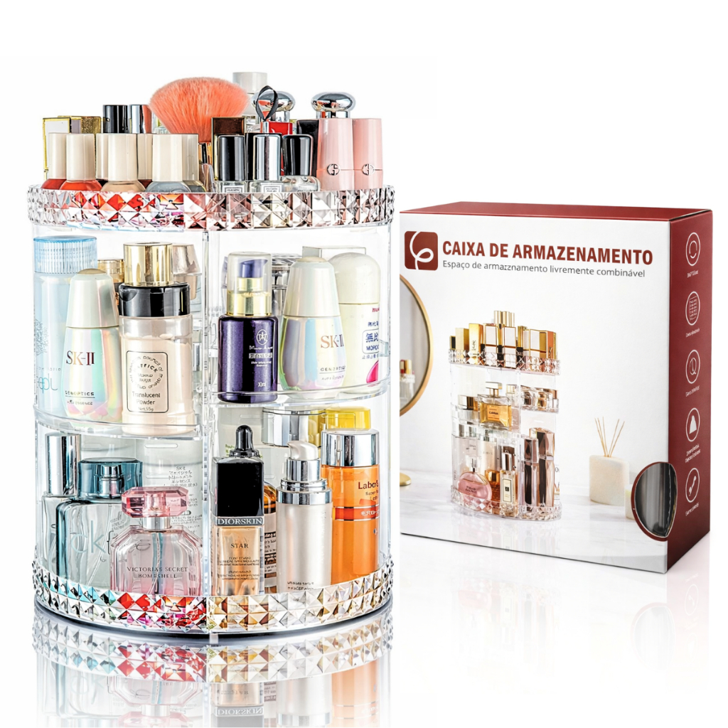 Organizador de Maquiagem Giratório 360° em Acrílico Transparente – Prateleiras Ajustáveis e Design Moderno