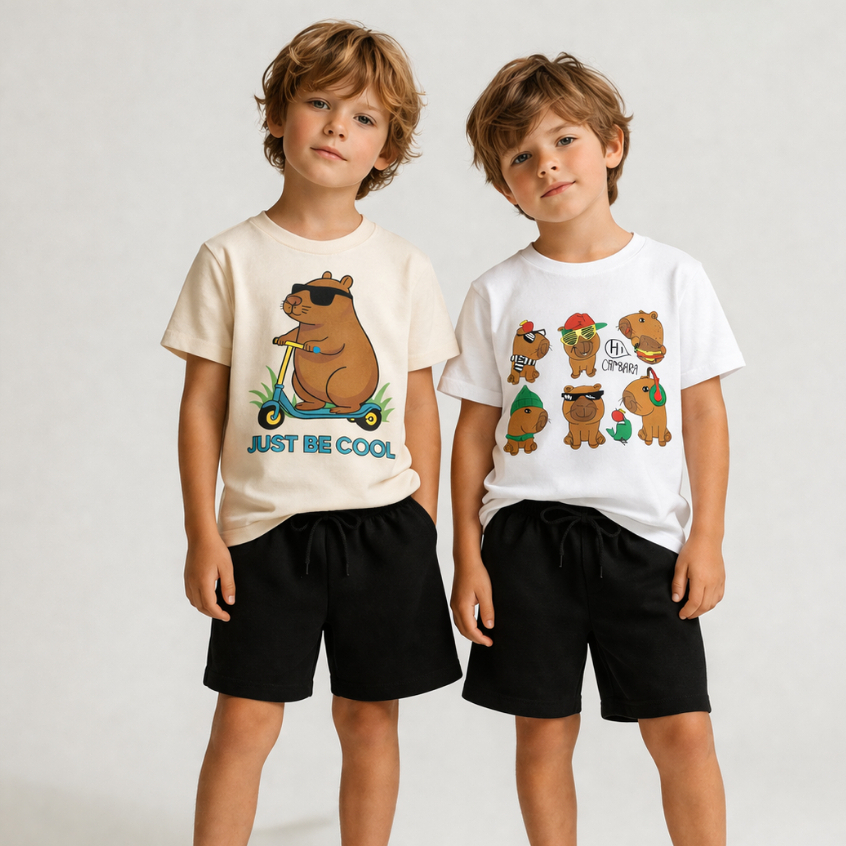 Conjunto Infantil Capivara Menino Camiseta Algodão + Bermuda Moletinho 2 a 12 Anos