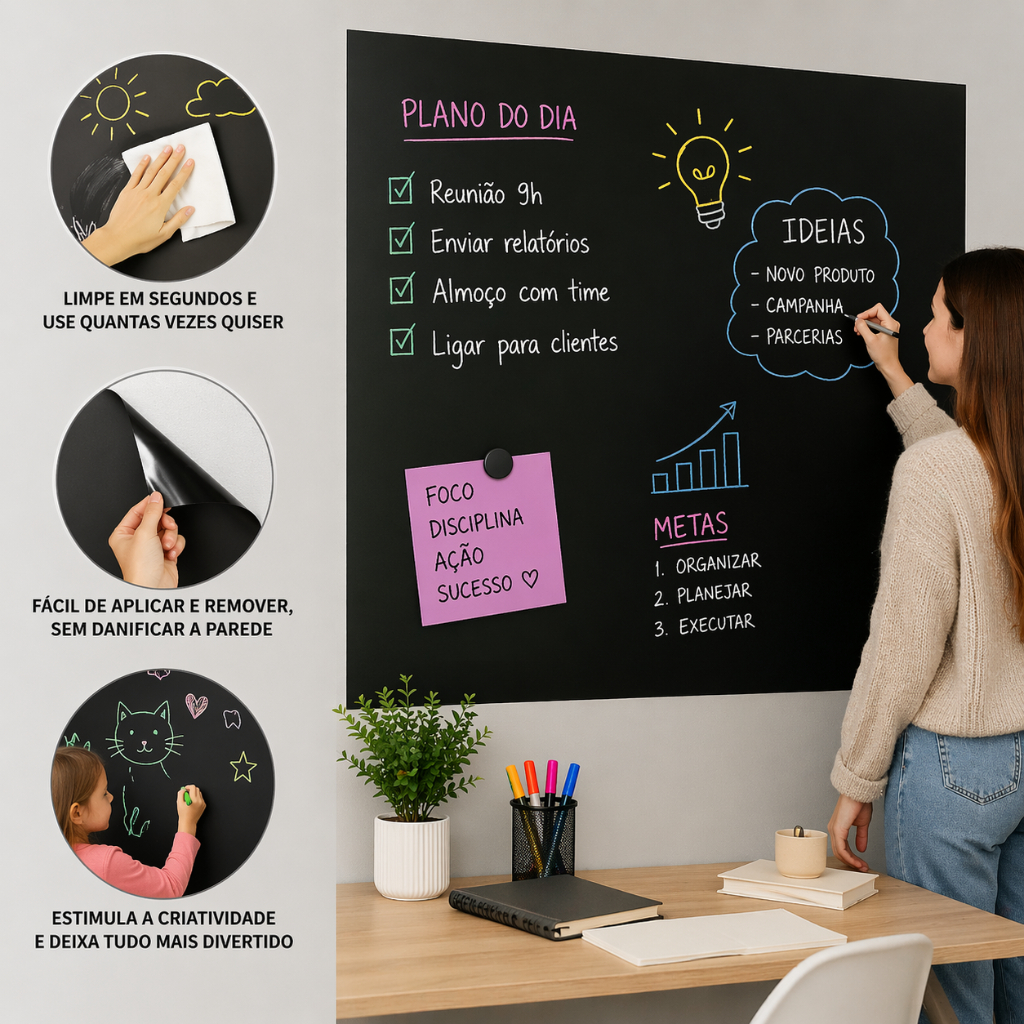 Papel De Parede Adesivo Quadro Branco 2m PVC Para Escritório Escola Desenho Infantil Achadinhos