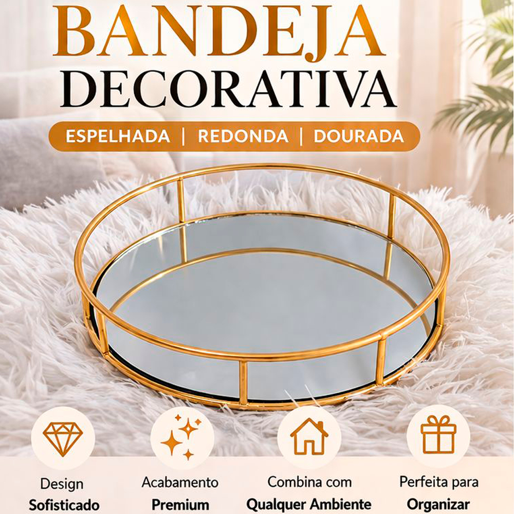 Bandeja Espelhada  Decorativa  Luxo para Sala, Banheiro e Decoração Redonda  Dourada |