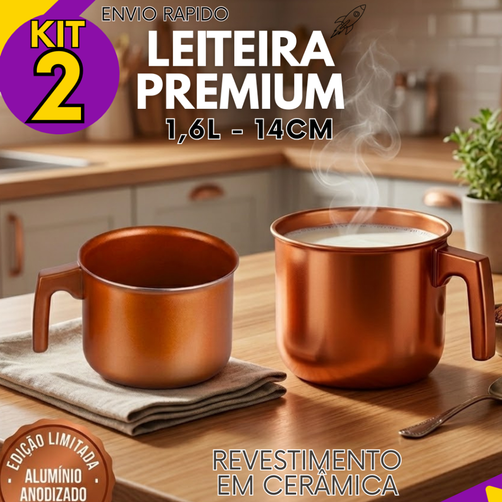 2 e 1 un - Leiteira Cobre Grande 1,6L Antiaderente Profissional Para Fogão Gás E Elétrico