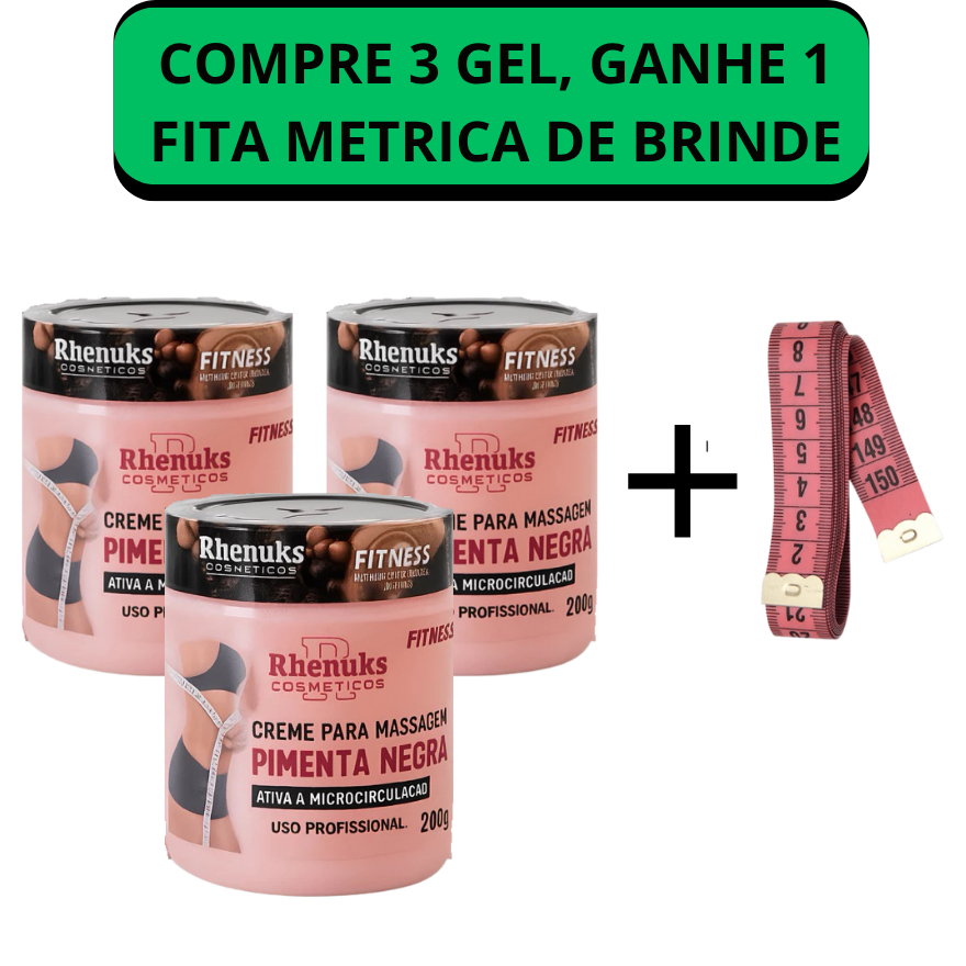 KIT 3 Gel Redutor de Medidas Pimenta Negra + Fita Métrica 150cm
