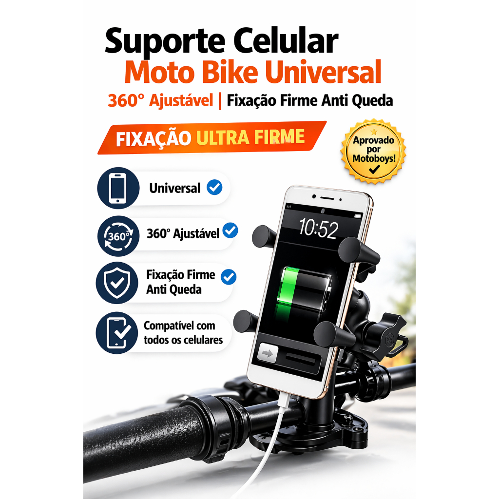 Suporte Celular GPS Moto Bike Universal, Não Cai 360° Ajustável Super Firme Anti Queda