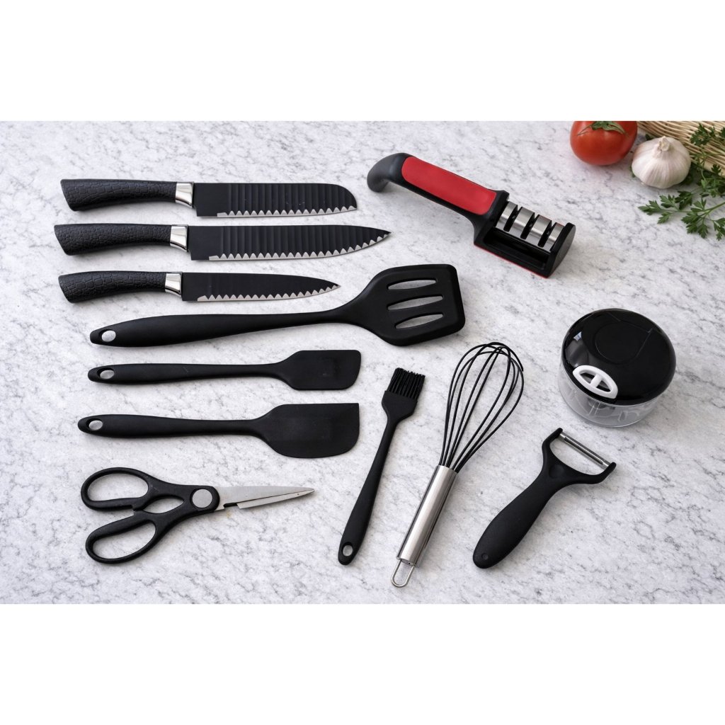 Kit Cozinha Completo 12 Peças + Facas Afiadas + Utensílios Silicone + Mini Processador Manual + Afiador Profissional