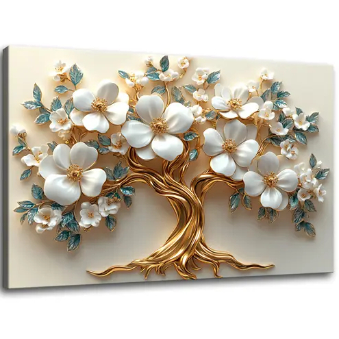 Quadro Decorativo Árvore Da Vida Amor Prosperidade Ouro Retorcido Flor Brancas Verde Casa Sala Quarto Decoração Parede