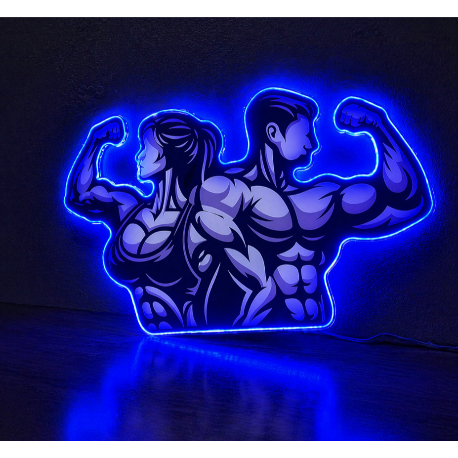 Luminária Neon LED Academia Fitness Azul USB | Painel Decorativo Gamer Quarto Academia