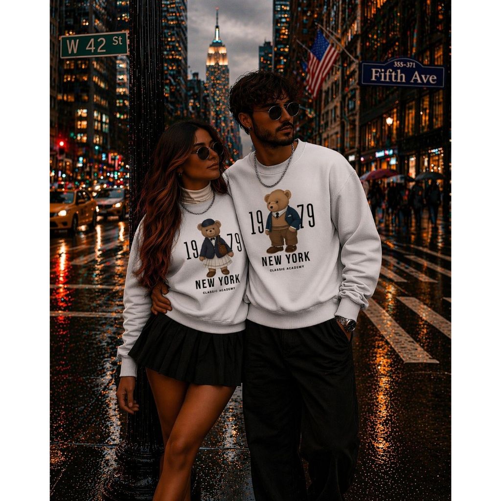 Kit Casal 2 Moletons Urso Terno e Vestido New York Moletom Unissex Blusa de Frio Inverno