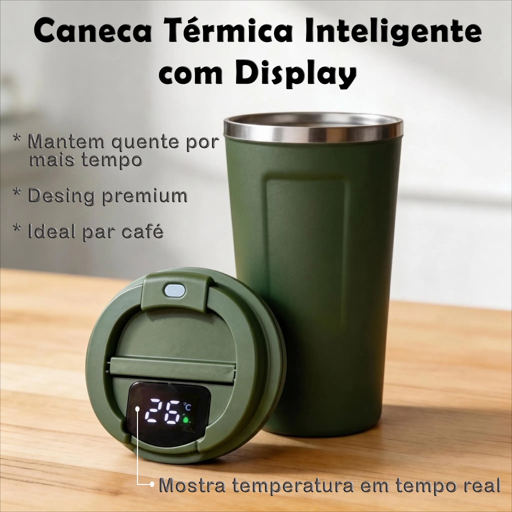 Caneca Copo Térmico Inteligente 430 ml  – Visor LED na Tampa | Inox 304 | Parede Dupla | 6–12h Quente/Frio