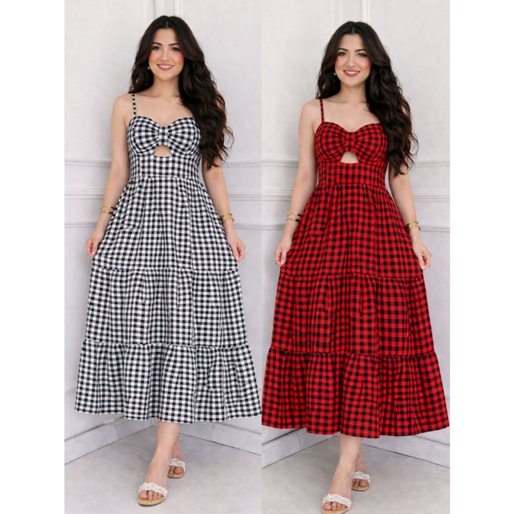 Vestido Midi Xadrez Festa Junina Feminino com Bojo Alça Regulável Rodado Elegante