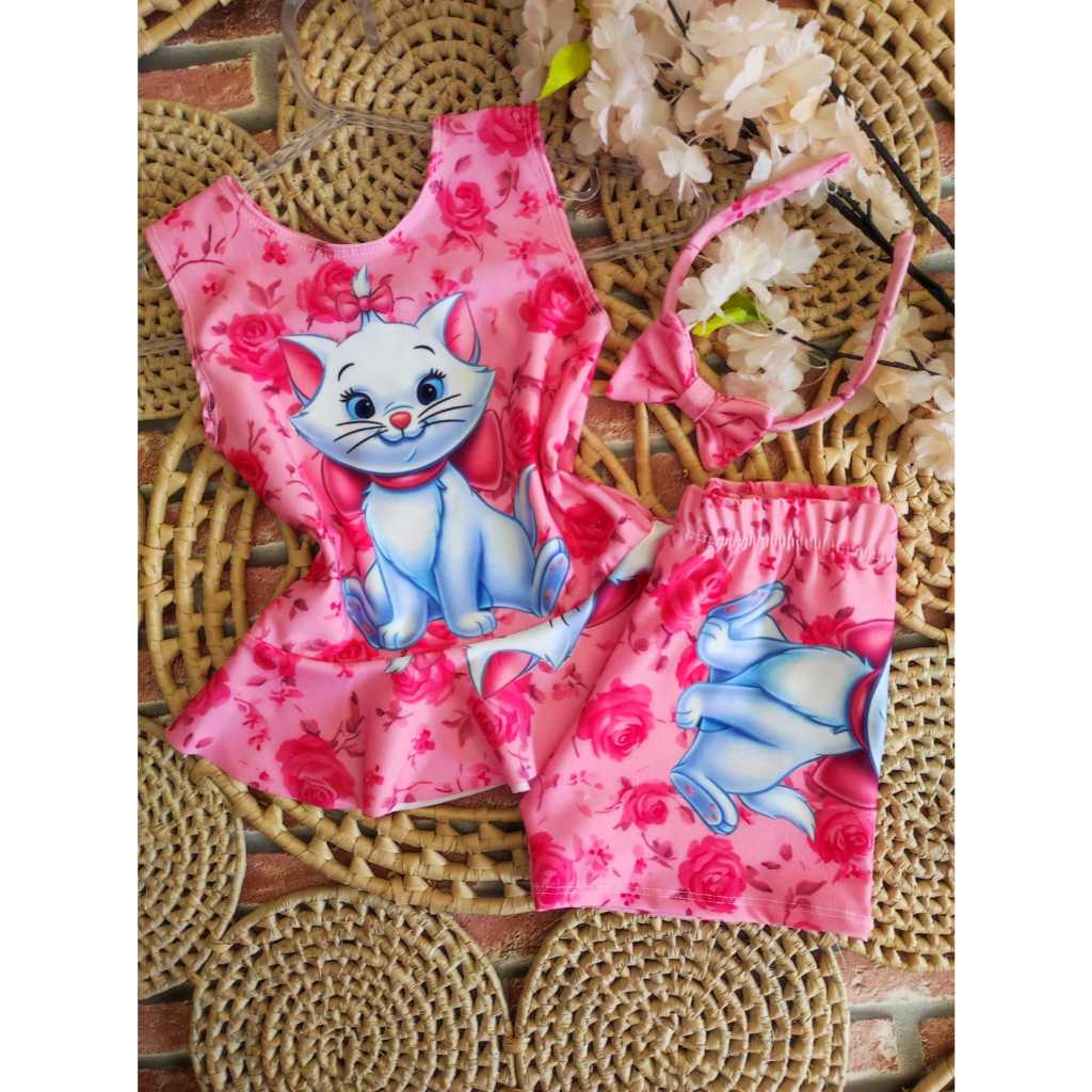 Conjunto Peplum Infantil Menina com Tiara | Blusa Rodada + Short Suplex Roupa Bebê