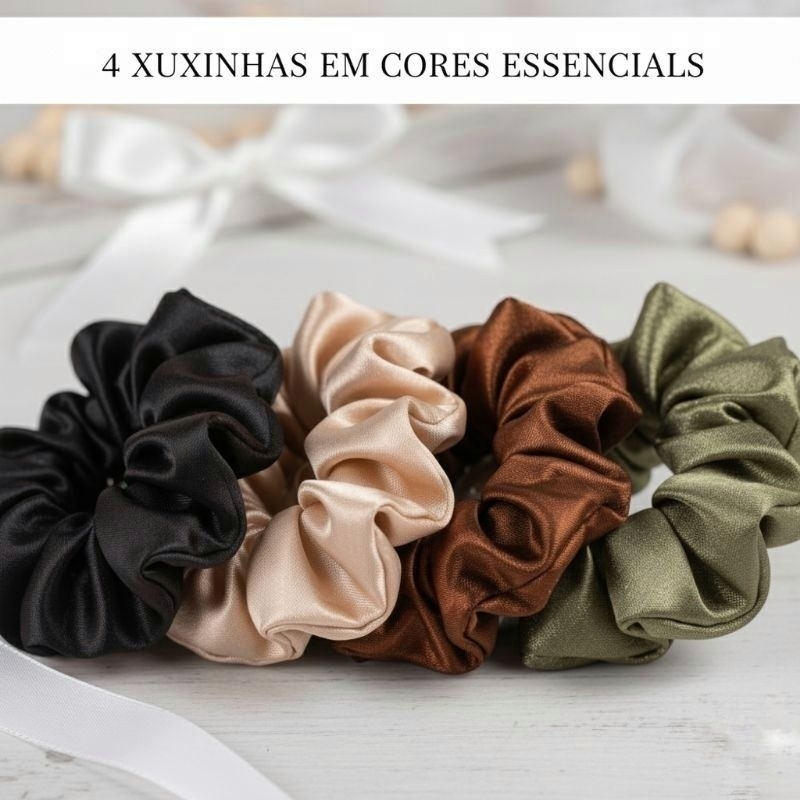 kit 4 Xuxinha de cetim, scrunchies de cabelo, xuxa, anti-frizz, gominha, preta, oliva