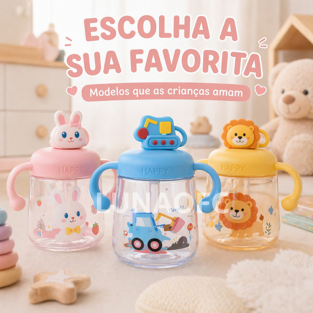 Copo Mamadeira Infantil com Canudo e Alça 3D Antivazamento Garrafinha Escola Passeio Fofo