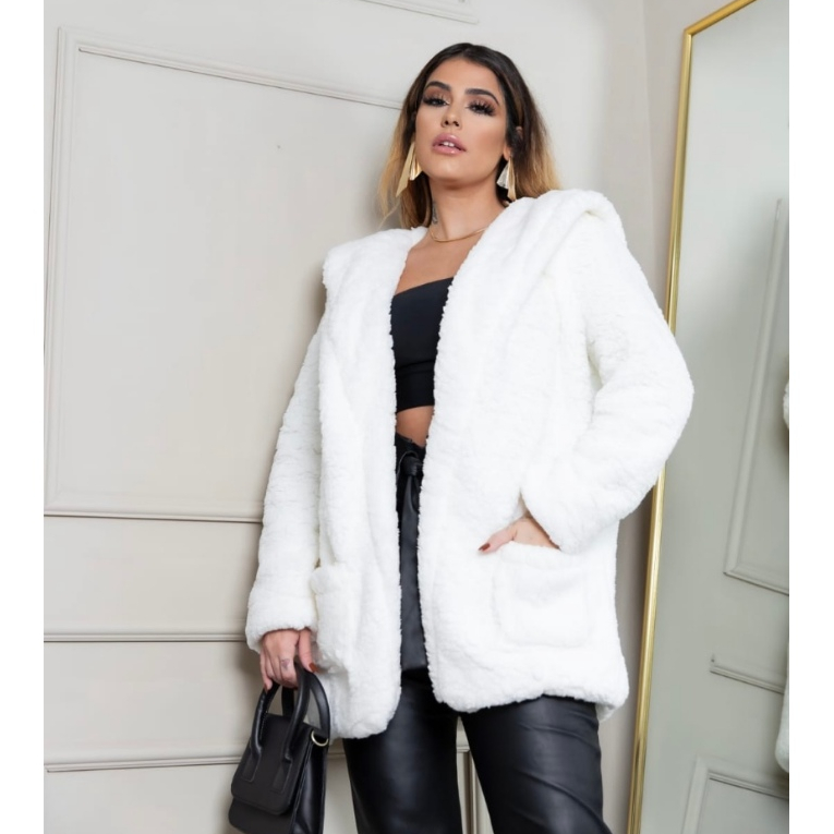 Casaco sobretudo Feminino Forrado teddy  Ted Inverno Capuz e Bolso Quentinho Peluciado M G GG G1