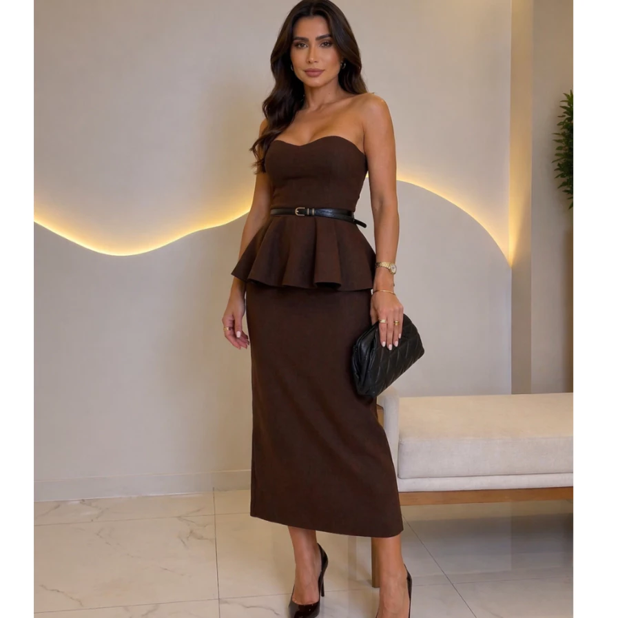 Conjunto Elegante Saia e Blusa Tomara Que Caia Em Tricot Premium Modal — imagem 1