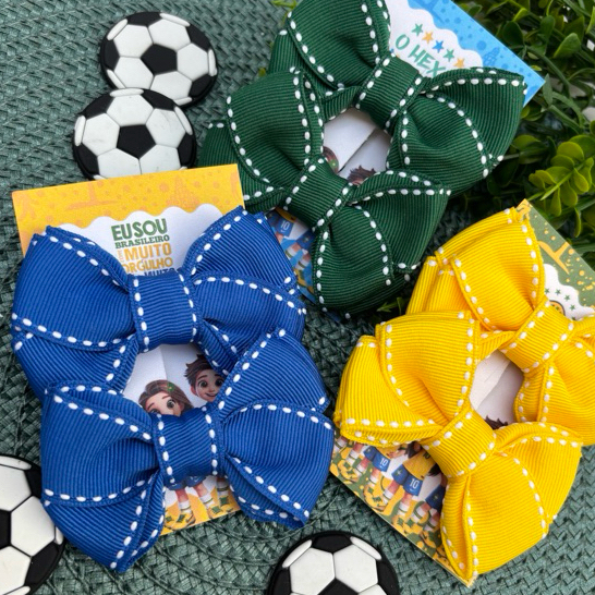 Trio parzinhos Copa Par Laço de Cabelo Infantil Verde e Amarelo Copa do Mundo Brasil Olimpíadas 2026