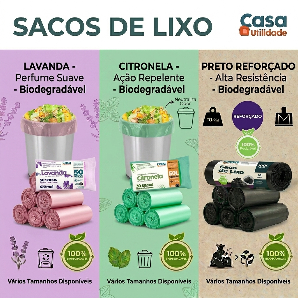 Saco de Lixo Lavanda, Citronela ou Preto Reforçado Cozinha - Banheiro - Vários Tamanhos