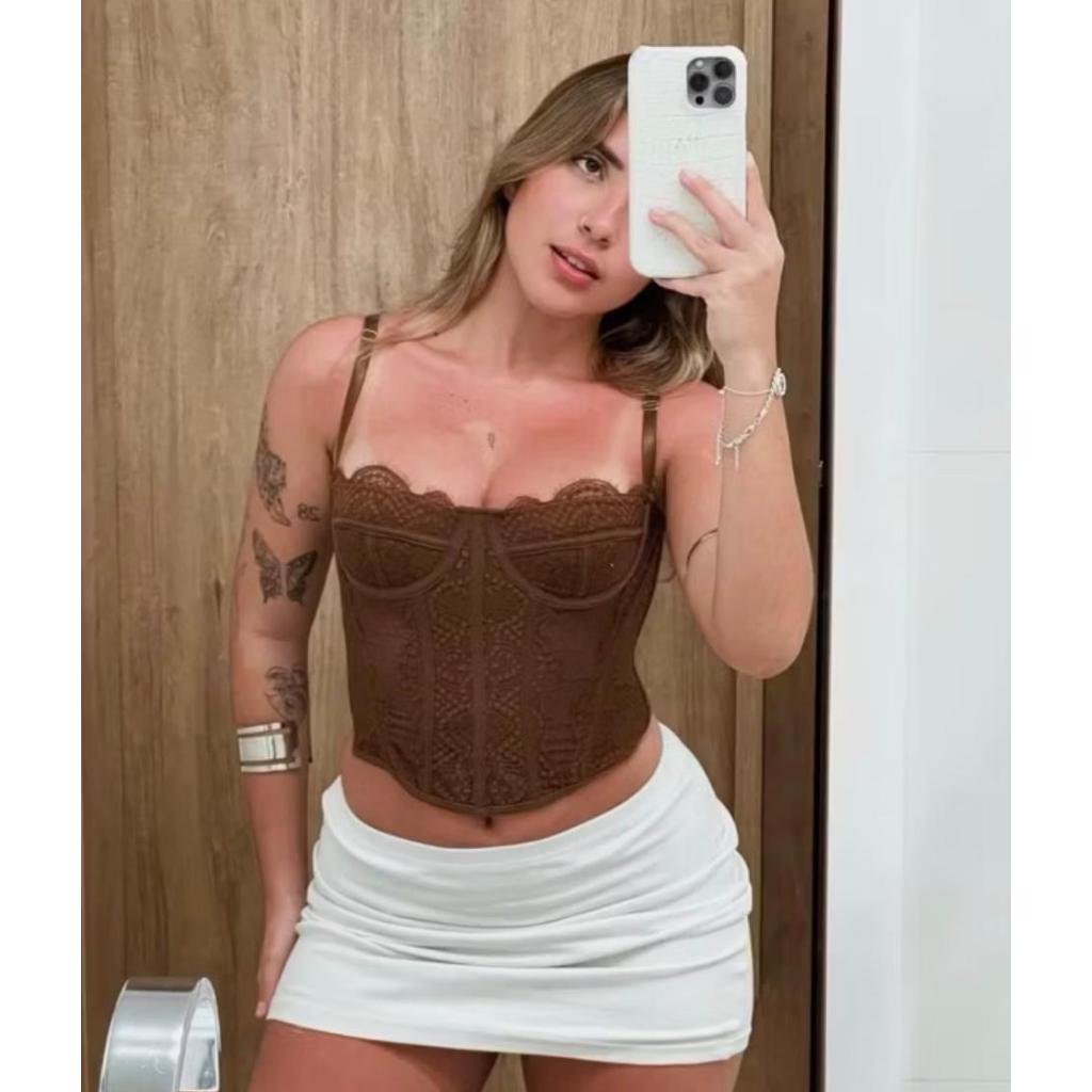 Corset Cropped Alcinha Renda Top Crop Sem Bojo Sexy com e sem manga