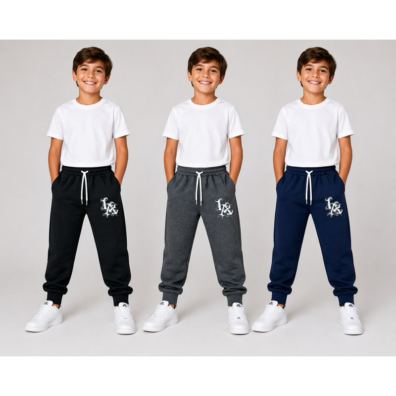 Kit 3 Calças Moletom Infantil Menino Com Bolso e Cordão Confortável Preto Cinza Azul