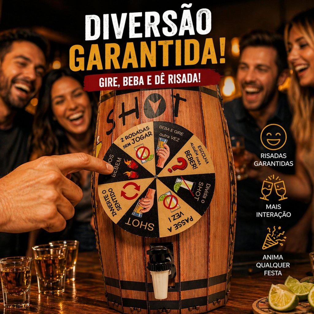 Pingômetro Barril com Roleta de Shot | Dispenser de Bebidas Bar Madeira Decorativo