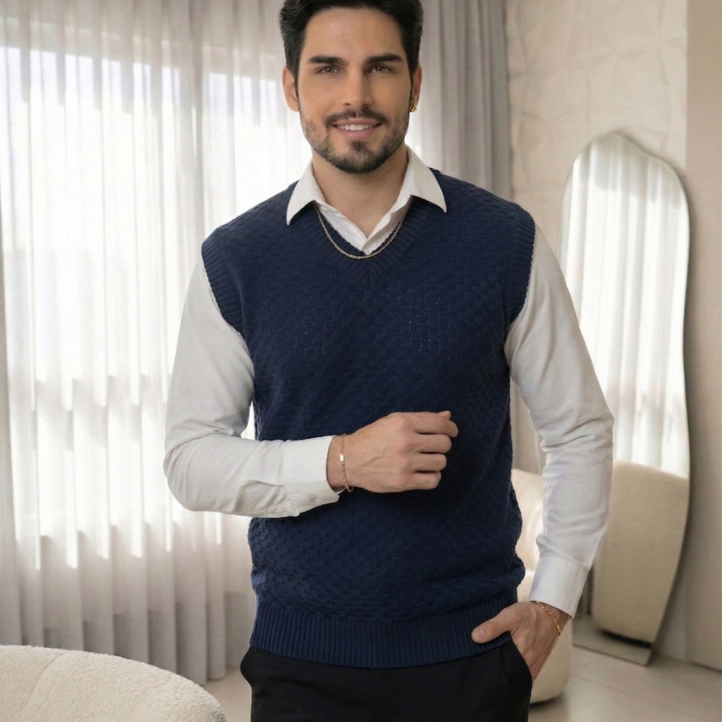 Colete Masculino Tricot Gola V Texturizado Inverno Elegante Social Casual Luxo Lançamento