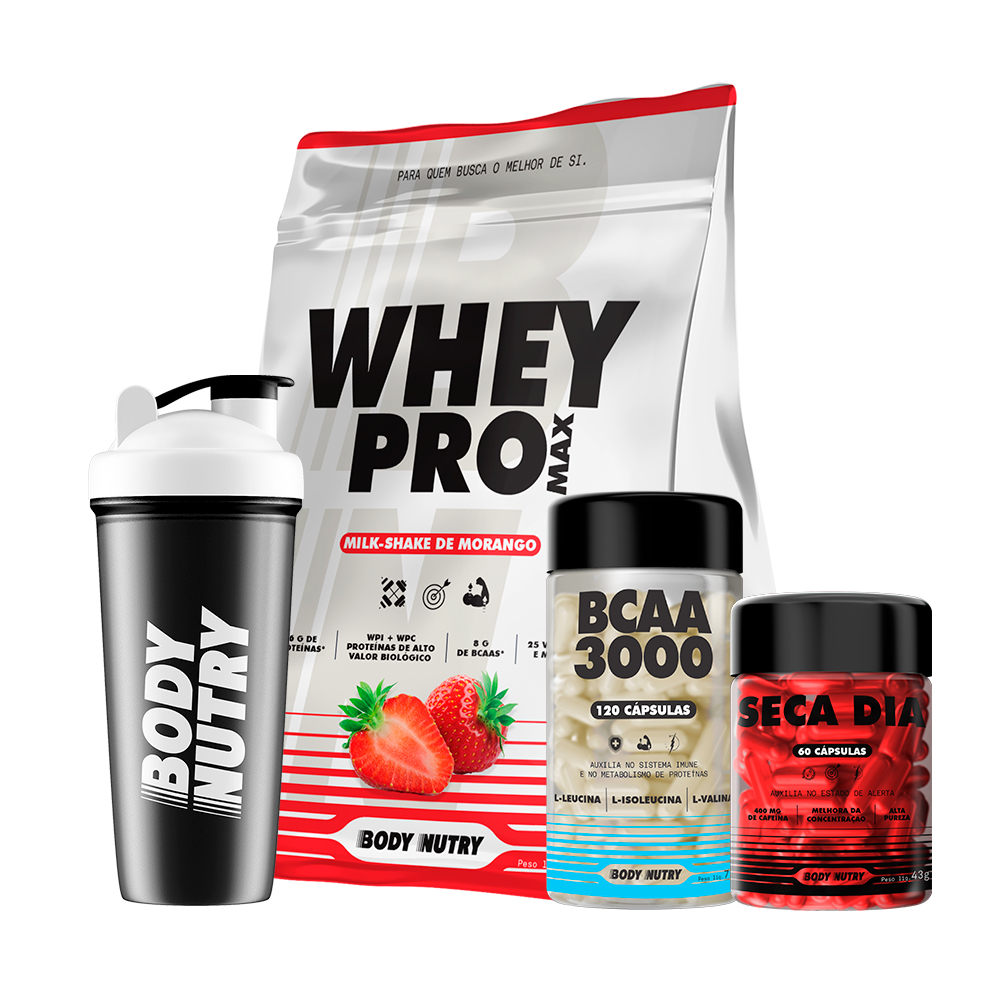 Kit Whey 900g + BCAA 120 Cápsulas + Pré Treino Body Nutry | Massa Muscular, Energia e Recuperação