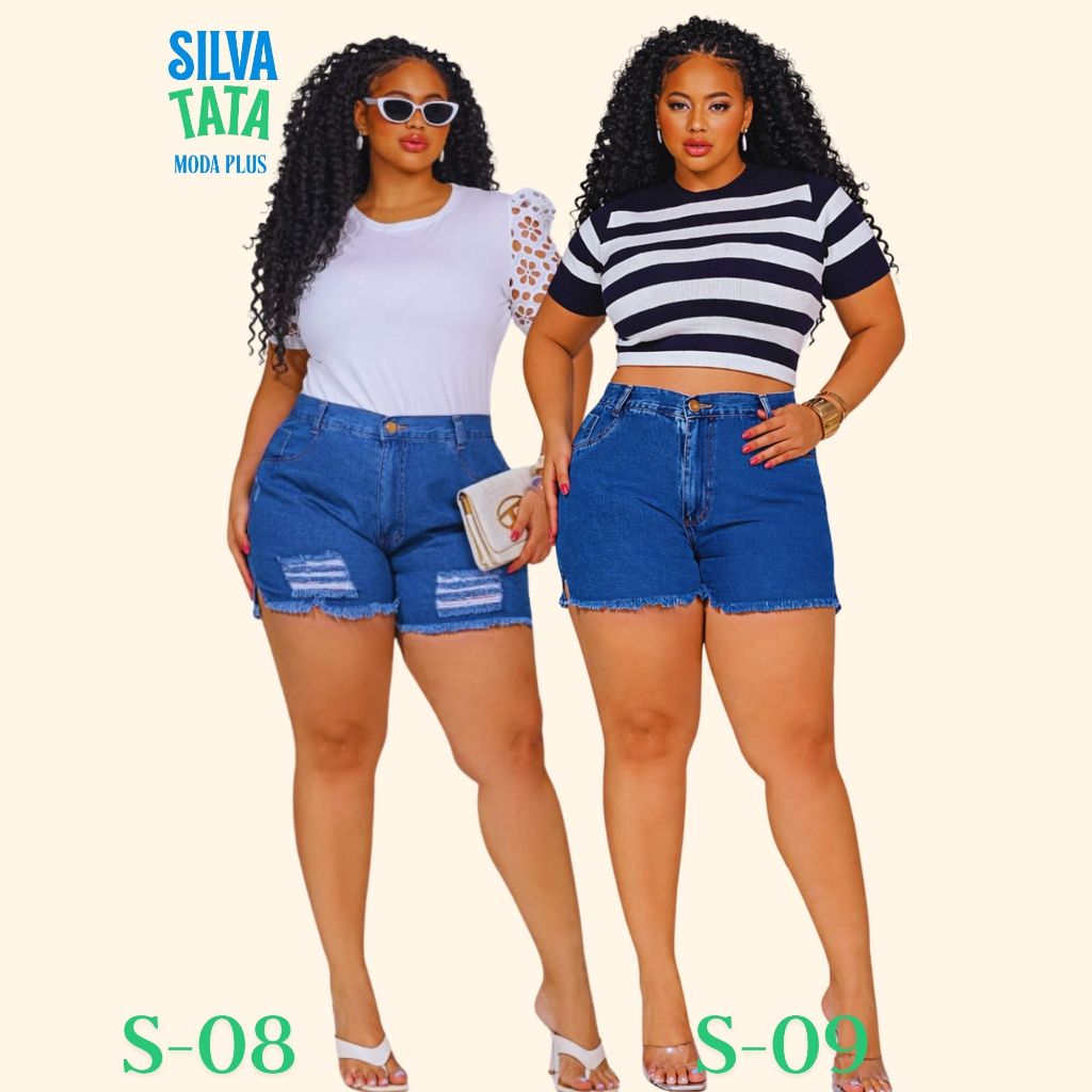 Kit 2 Shorts Jeans Feminino Sem Elastano Cintura Alta Barra Desfiada Destroyed Liso Plus Size