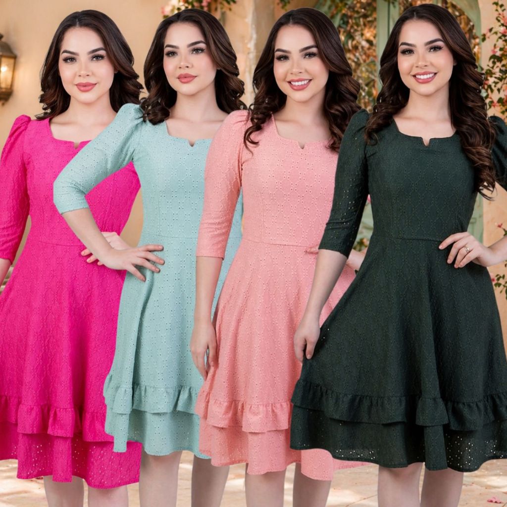 Vestido Evangélico Midi Lese Bordado Manga Princesa Cinto Botões Cecília Elegante Feminino
