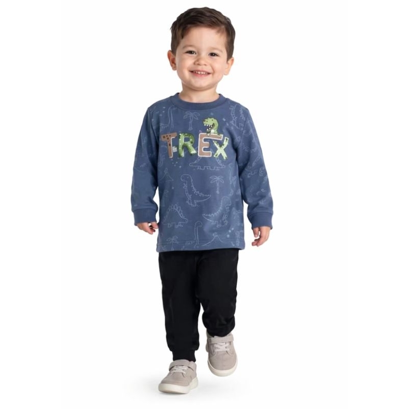 Conjunto Moletom Brandili _ Infantil Menino Inverno _ Blusão Moleton T-Rex Azul Estampado e Calça Preta Lisa em Moletom