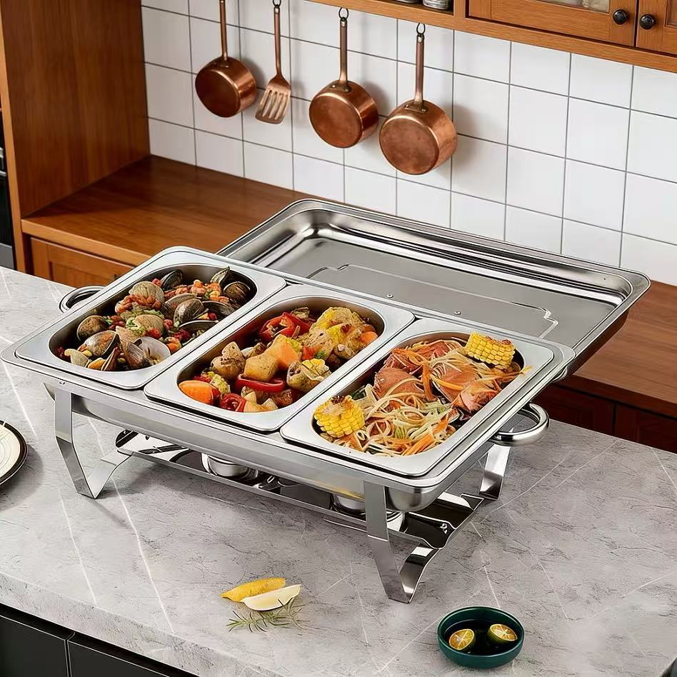 Rechaud Inox 12 Litros Com 1/2/3 Grade  Profissional Retangular Banho Maria Kit Completo para Buffet Grande