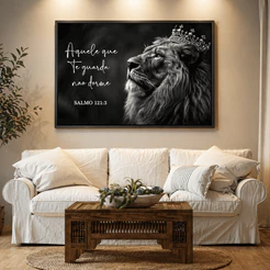 Quadro Decorativo Leão Coroa Salmo 121:3 Frase Religiosa com Moldura 50x75cm ou 60x90cm Sala e Quarto