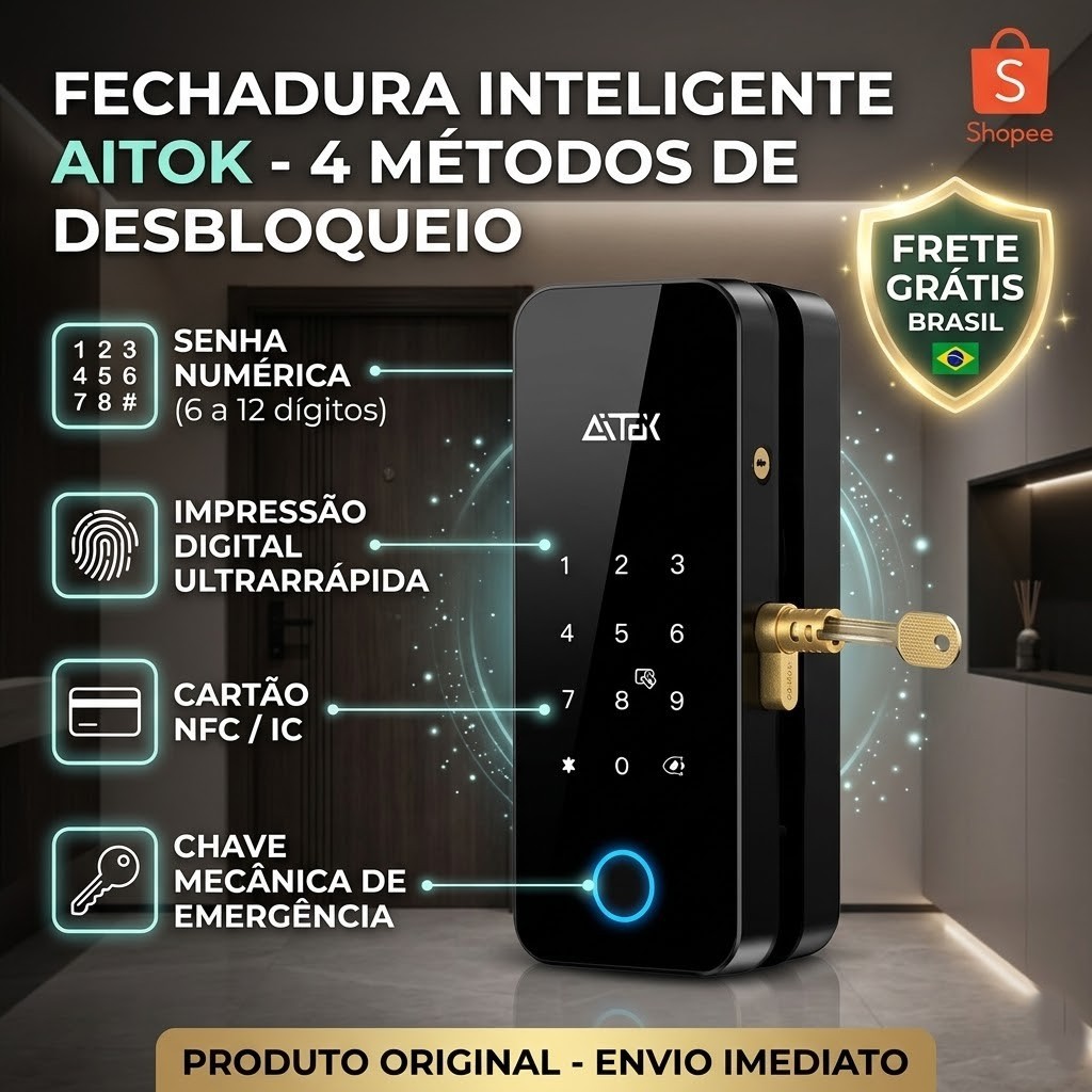 Fechadura Digital Inteligente Para Porta de Vidro Biometria Senha NFC e Chave Proteção e Tecnologia Avançada ALPHA-230