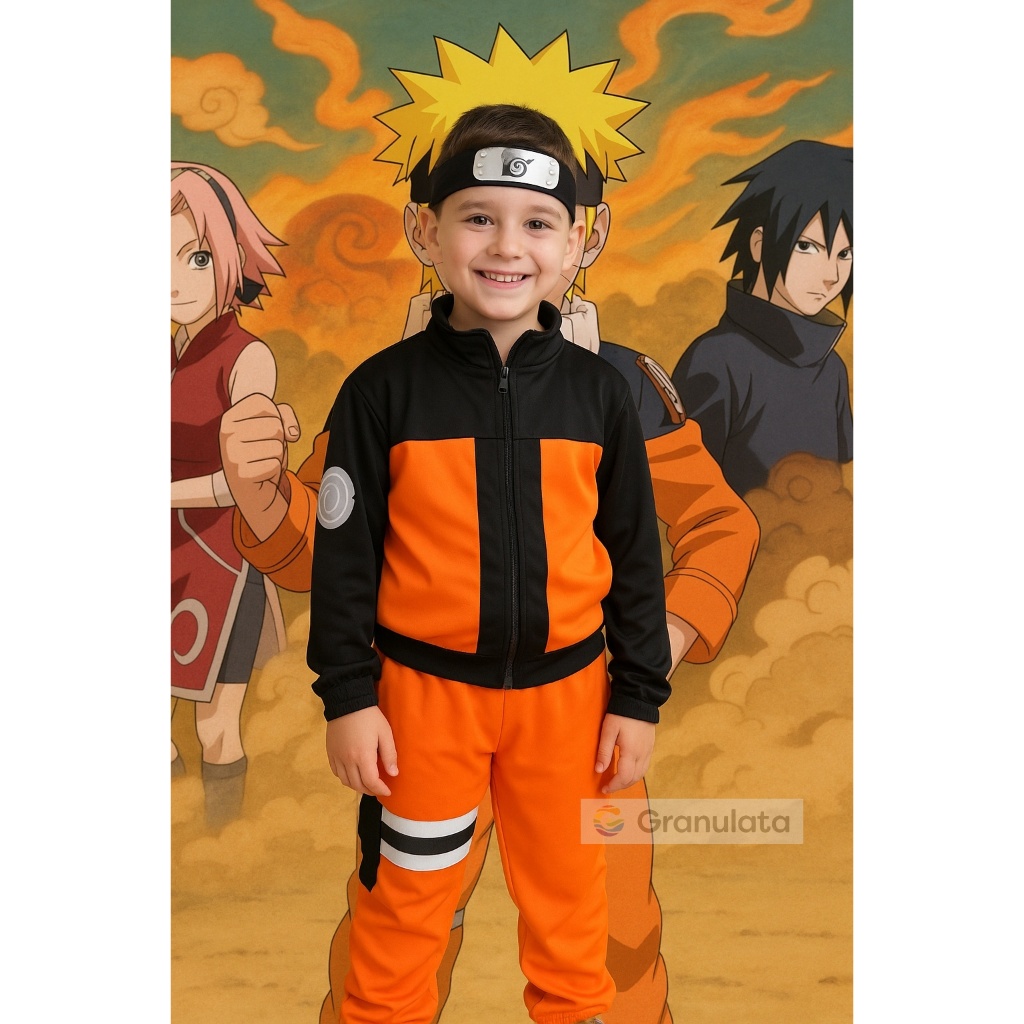 Fantasia Infantil Conjunto Naruto – Calça Blusa e Bandana EVA Carnaval Aniversário Cosplay