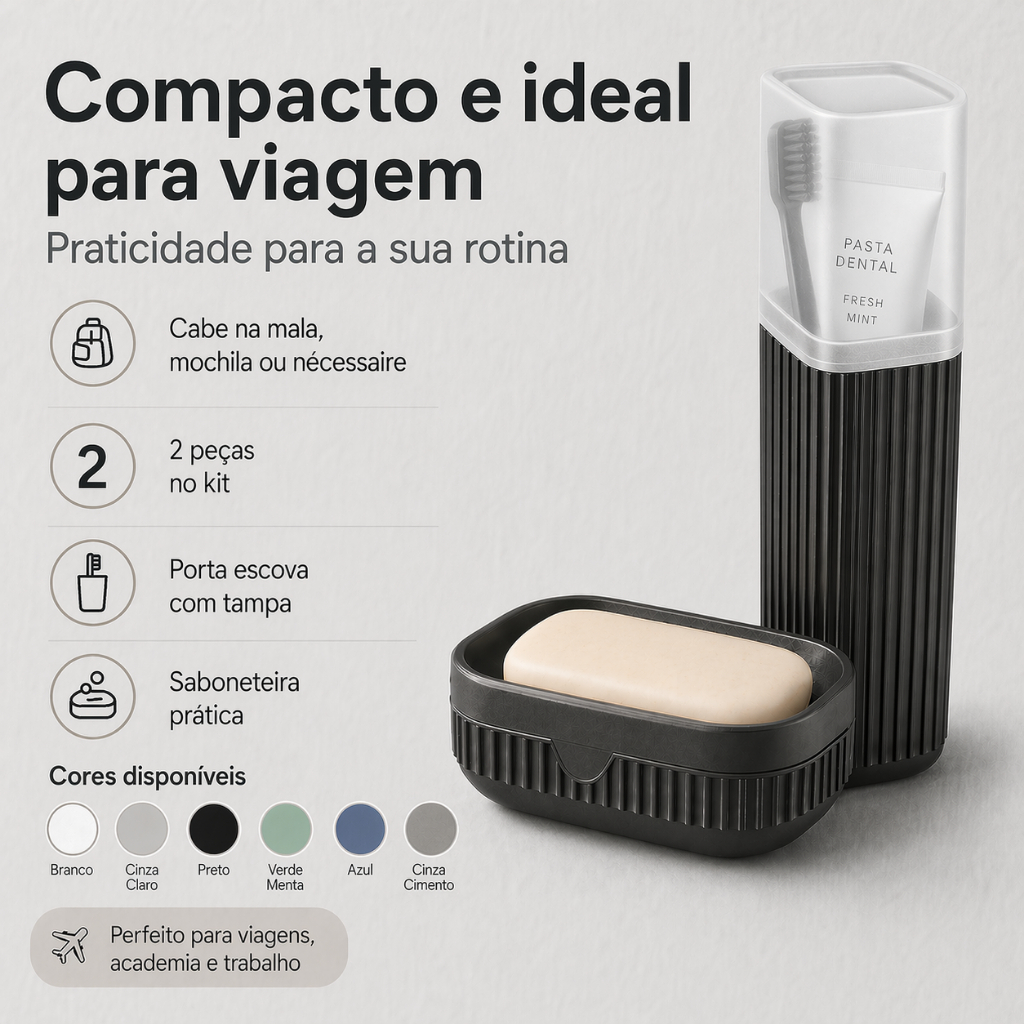 Kit Viagem Higiene Porta Escova com Tampa + Saboneteira Portátil para Mala Mochila