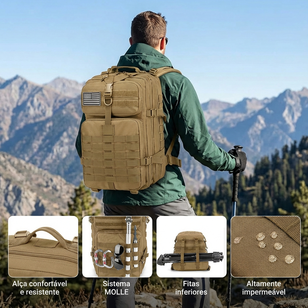Mochila Tática 45L Impermeável Reforçada Grande Capacidade Para Camping Trilha e Trekking